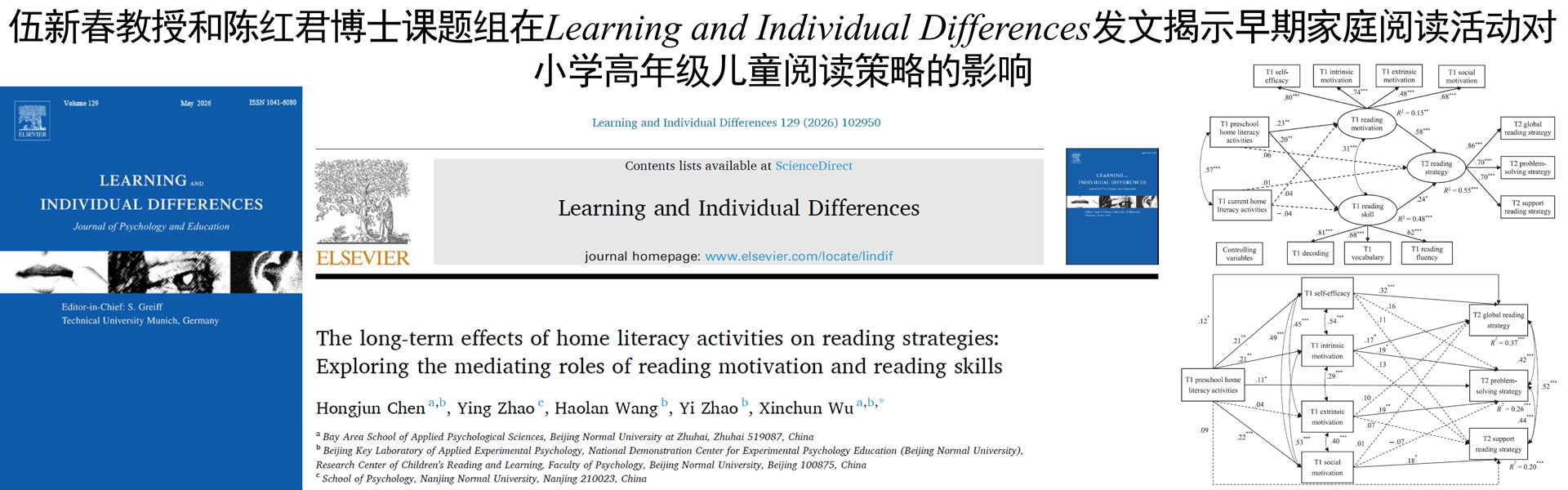 伍新春教授和陈红君博士课题组在Learning and Individual Differences发文揭示早期家庭阅读活动对小学高年级儿童阅读策略的影响